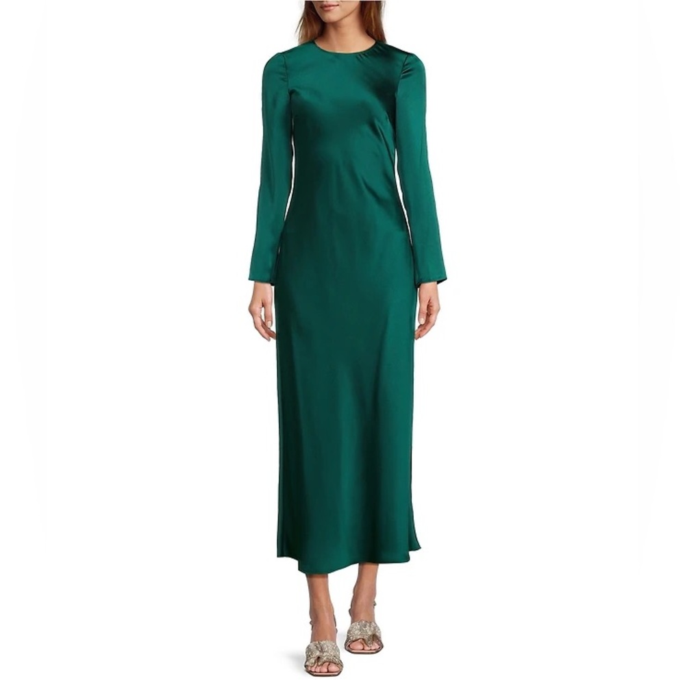 Elegant Green Emerald Green Long Sleeve Satin Crewneck Dress
